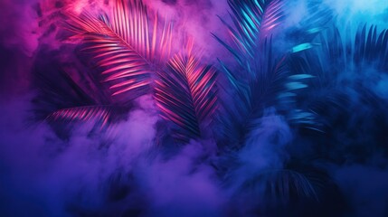 Wall Mural - Palm Leaves Illuminated with Pink and Blue Neon Lights