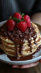 Wall Mural - A stack of pancakes topped with chocolate sauce, chocolate chips, and fresh strawberries.