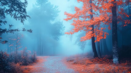 Wall Mural - a misty forest trail with vibrant orange leaves in the early morning light of autumn