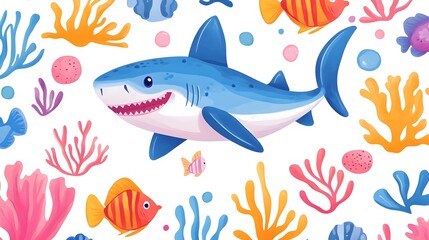 Cute Cartoon Shark with Coral Reef and Fish