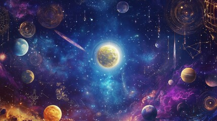 Wall Mural - vibrant cosmic landscape featuring planets, stars, and celestial symbols in a colorful night sky