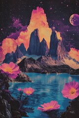 Canvas Print - A surreal landscape with a mountain range, a lake, and pink flowers under a starry sky with a large moon.