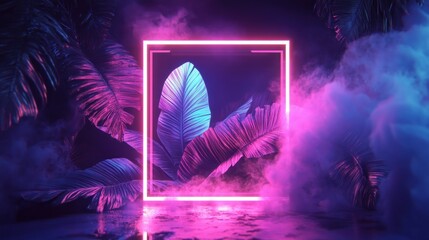 Wall Mural - Neon Light Frame Surrounding Tropical Leaves and Purple Haze