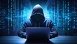 © Roch - internet security and data protection concept, hacker in dark hoodie hacking into corporate system