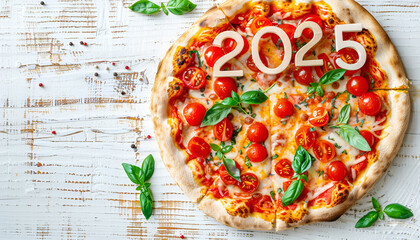 Happy new year 2025 pizza top view