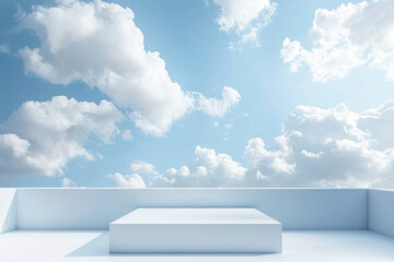 Wall Mural - Sky Blue, Cloud Background, White Podium Platform Step, Minimal.