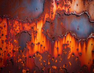 a close-up of rusted metal, with patches of orange, brown, and red, creating a rough, weathe