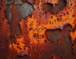 a close-up of rusted metal, with patches of orange, brown, and red, creating a rough, weathe