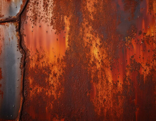 a close-up of rusted metal, with patches of orange, brown, and red, creating a rough, weathe