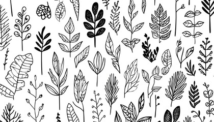 Sticker - Black and White Hand Drawn Floral Seamless Pattern