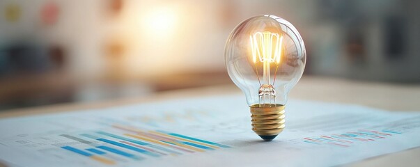 A glowing light bulb placed on a financial report, symbolizing innovative ideas and productivity in business.