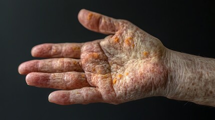 A hand affected by a skin allergy, showing red, inflamed spots and scaly texture, with clear signs of itching and irritation