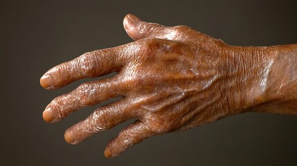 A hand affected by a skin allergy, showing red, inflamed spots and scaly texture, with clear signs of itching and irritation