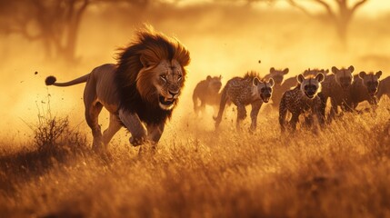 Poster - Majestic Lion Charging Through Grassland, Pursuing a Pack of Hyenas