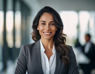 A confident businesswoman in a sharp suit, smiling in front of a modern office background. N