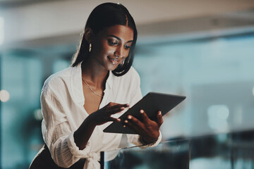 Poster - Night, tablet and online with woman in office for network, communication or administration. Auditor, processing clerk and booking report with person in finance agency for system record and feedback