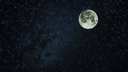 A full moon hangs in a dark night sky, surrounded by a multitude of sparkling stars.