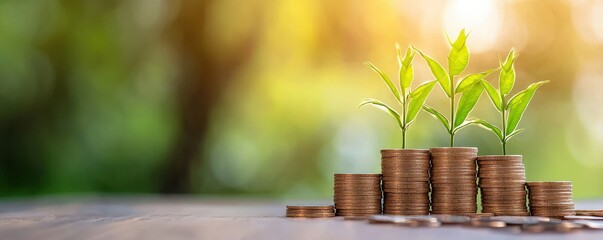 Fresh plants grow from stacked coins, symbolizing sustainable investment and the harmony between nature and finance.