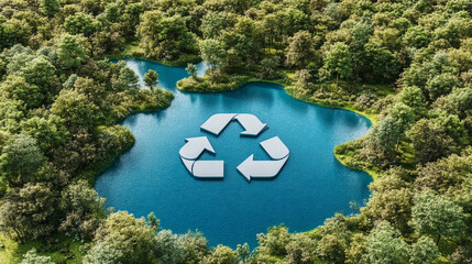 lake shaped like a recycling symbol, symbolizing environmental sustainability, surrounded by lush greenery. Reflects the harmony between nature and eco-conscious efforts