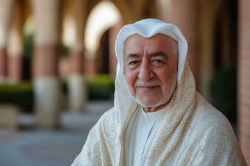 elderly middle eastern man in traditional clothing smiling in front of a historic building in a city