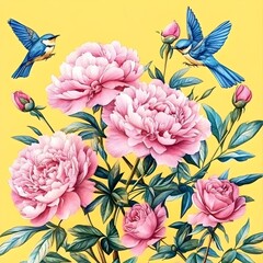 Sticker - Pink Peonies and Blue Birds on Yellow Background