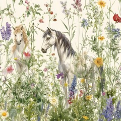 Two Unicorns in a Field of Flowers