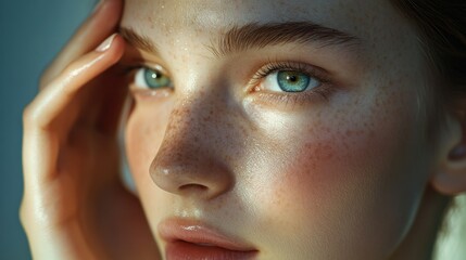 Sticker - Close-up Portrait of a Woman with Freckles and Blue Eyes