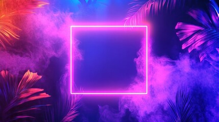 Wall Mural - Neon Light Frame with Palm Leaves and Purple Smoke