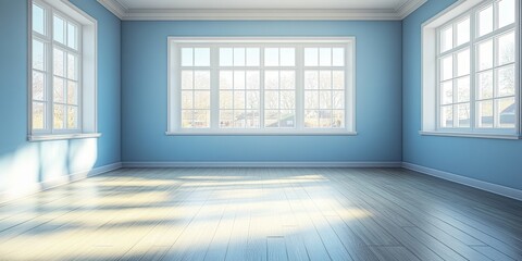 Sticker - Bright Empty Room with Large Windows and Blue Walls