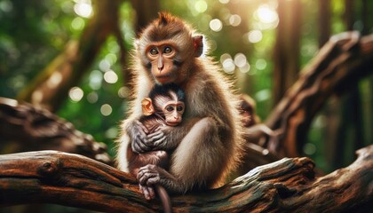 Wall Mural - macaque monkey with baby