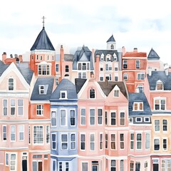 Wall Mural - Watercolor illustration of colorful row houses