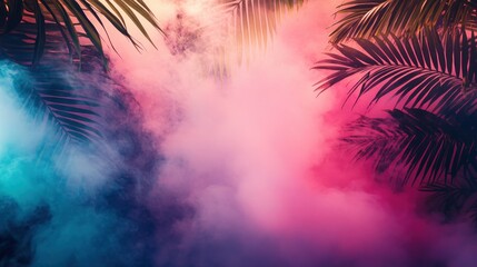 Poster - Palm Leaves Silhouetted Against a Colorful Smoky Background