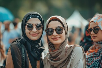 Two smiling women wearing colorful hijabs enjoy a cultural festival outdoors on a sunny day filled with vibrant decorations and lively atmosphere