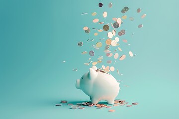 A vibrant photograph showing a white piggy bank with coins falling into its slot, set against a pastel blue backdrop.