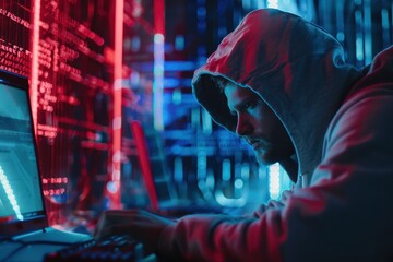 Poster - A focused individual works on a computer surrounded by vibrant neon lights in a dimly lit room showcasing coding and technology
