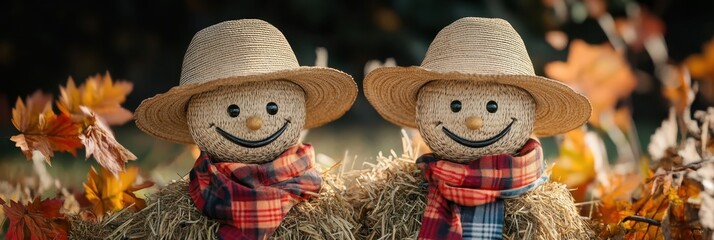 two scarecrows, straw hats, red and gray plaid scarves, smiling faces, autumn leaves background, warm lighting, fall season, cozy atmosphere, countryside charm
