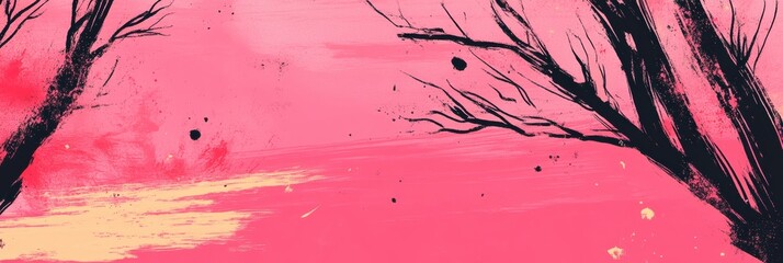 Poster - Abstract Pink Sunset with Silhouetted Trees