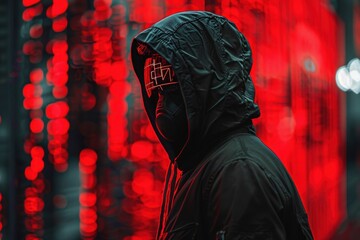 Aufkleber - A figure wearing a mask types on a keyboard surrounded by glowing screens in a dimly lit room, portraying a moment of intense focus and secrecy during a late-night hacking session
