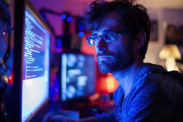 Aufkleber - A focused individual coding in a dimly lit room illuminated by colorful LED lights during the late hours of the night
