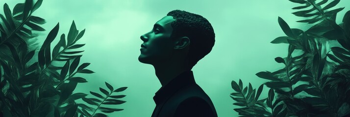 Poster - Silhouette in Green: Profile Amidst Leaves