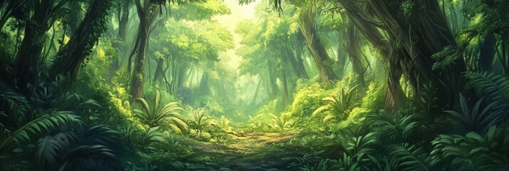 Poster - Lush Forest Pathway Through Vibrant Green Foliage