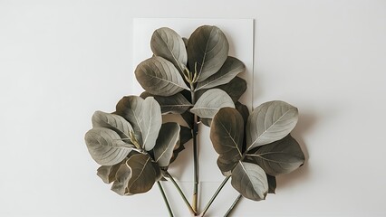 Toned view of ficus plants with blank card, isolated on white