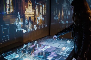 Poster - An interactive digital table displaying futuristic data visualizations in a modern tech exhibition at night