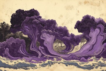 Wall Mural - Surreal Waves and Trees in Purple Tones