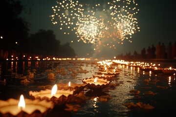 A serene night scene capturing the essence of the Diwali festival. Small oil lamps, or diyas, float gently on the river, their flickering flames reflecting in the water. 