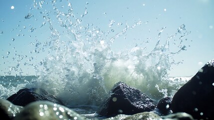 Wall Mural - A vibrant, dynamic wave crashing against rocks with a clear sky for text