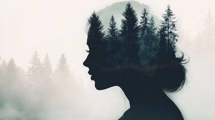 A woman's head in silhouette, overlaid with a dense, misty forest, representing the exploration of thoughts and emotions in CBT.