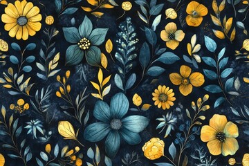 Wall Mural - Floral Pattern with Blue and Yellow Flowers on Dark Background