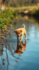 A Curious Stray Puppy Wanders by a Peaceful Stream, Searching for Laughter and a Place to Belong. Generative AI