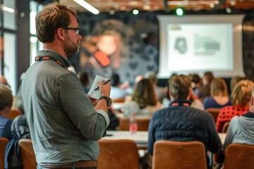 Poster - A professional speaker engages an attentive audience during an informative presentation held in a modern conference room